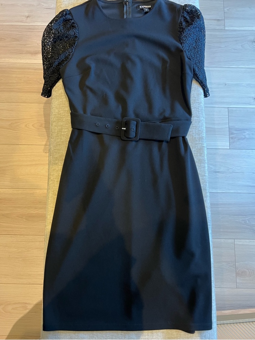 Express Black Lace-Sleeve Sheath Dress with lace embroidery sleeve detail + belt